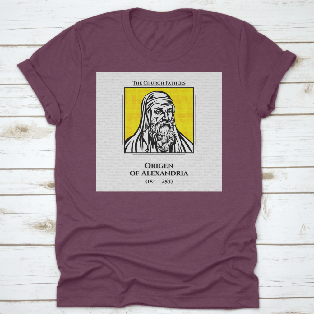 A comfortable cotton t-shirt featuring the Early Christian Scholar Origen, showcasing a classic fit and durable design.